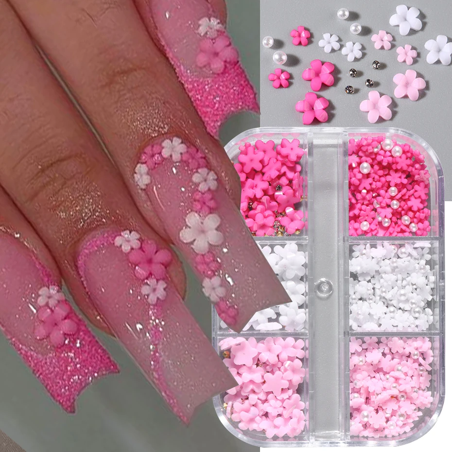 6Grids Ribbon Bow 3D Nail Art Decorations Resin Charms Butterfly Acrylic Flower Pearl Mixed Rhinestones Accessories Manicure