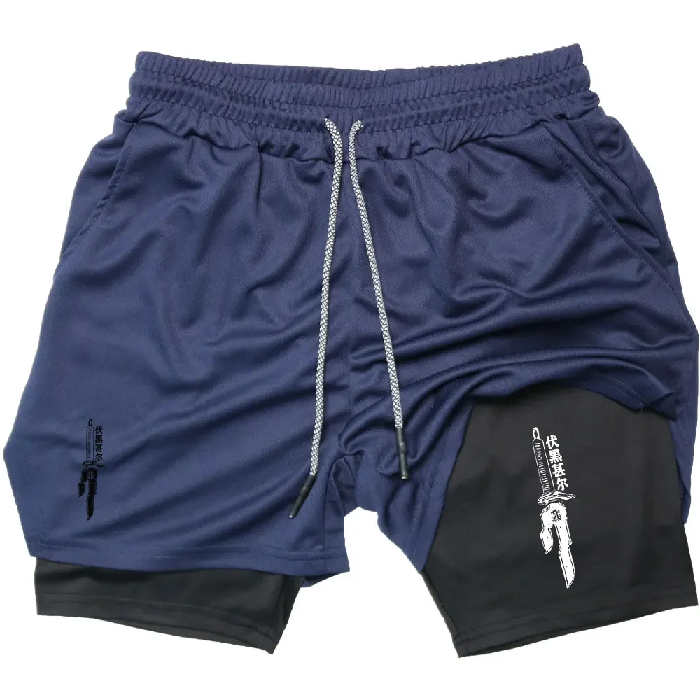 Anime Performance Shorts Men GYM Casual Sports Summer Compression Shorts Workout Running Mesh 2 In 1 Sport Short Pants 2