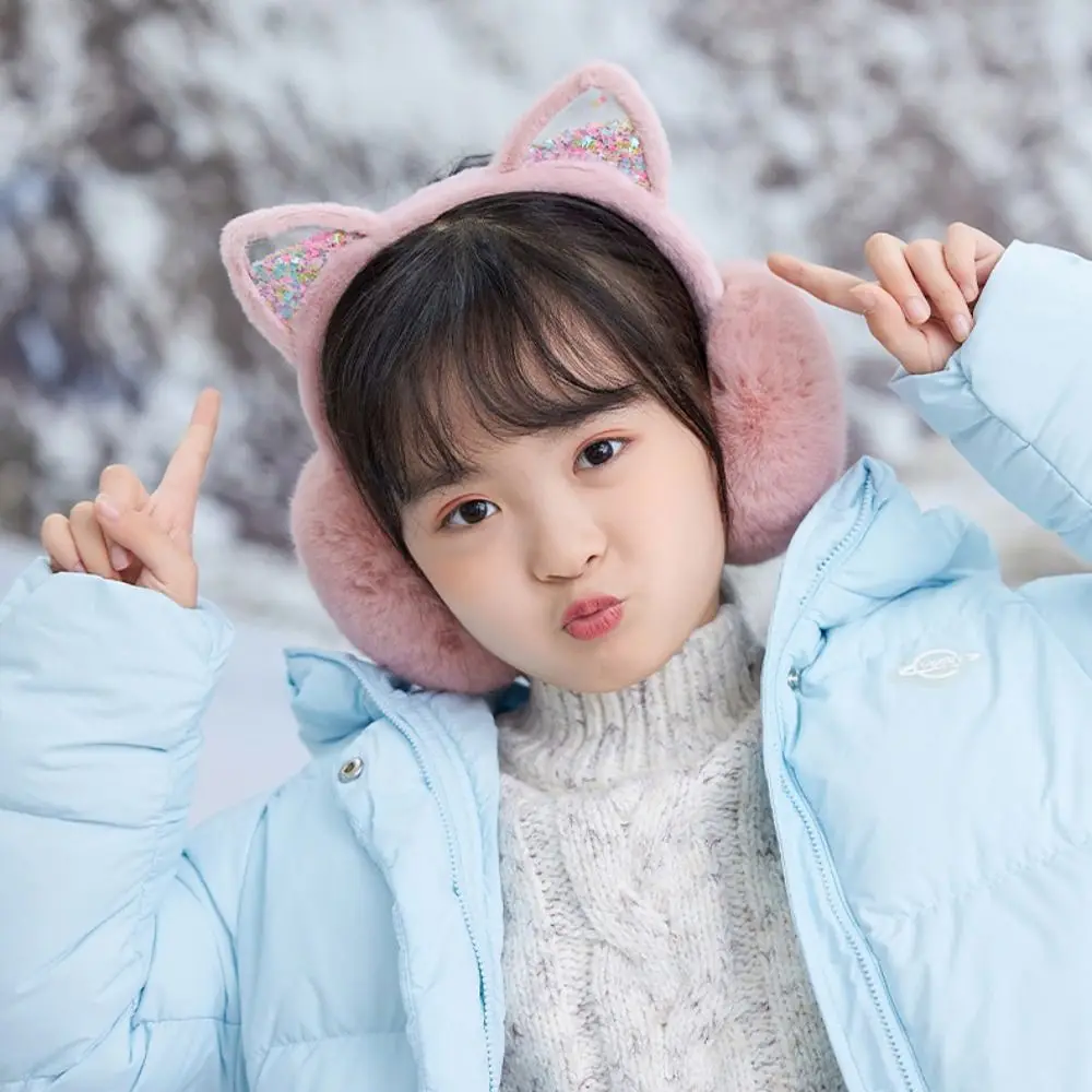 Comfortable Soft Plush Earmuffs Glitter Wind Proof Cartoon Cat Ear Earmuffs Outdoor Riding Foldable Warm Earcap
