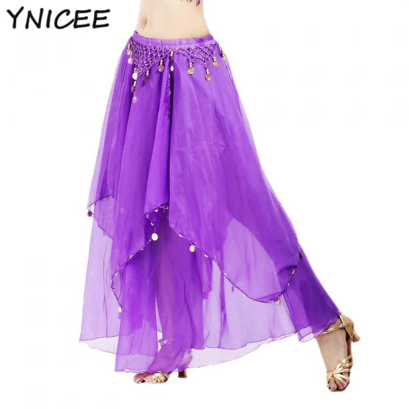 

Women Belly Dance Long Skirt with Coins Chiffon Belly Dancer Costumes Layered Skirt Party Festival Costume