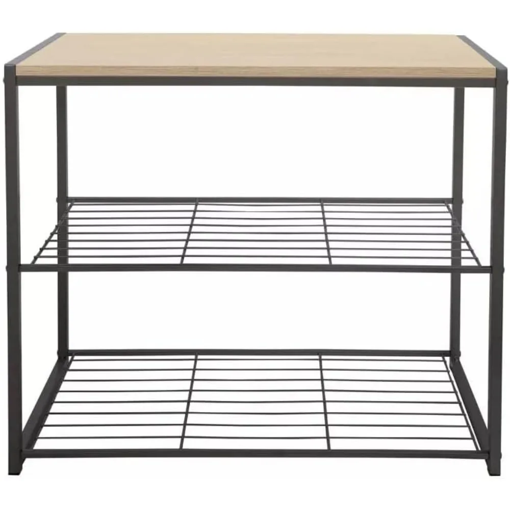 

3 Tier Shoe Rack Black Metal with Natural Wood，Modern Rectangular Shoe Rack