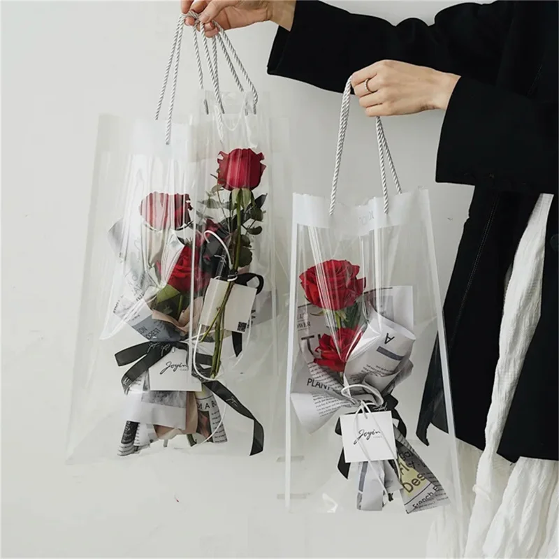 10Pc White/Pink PVC Flower Packing Bag Transparent Tote Flower Bouquet Birthday Party Gift Bag Florist Wrapping Handbag