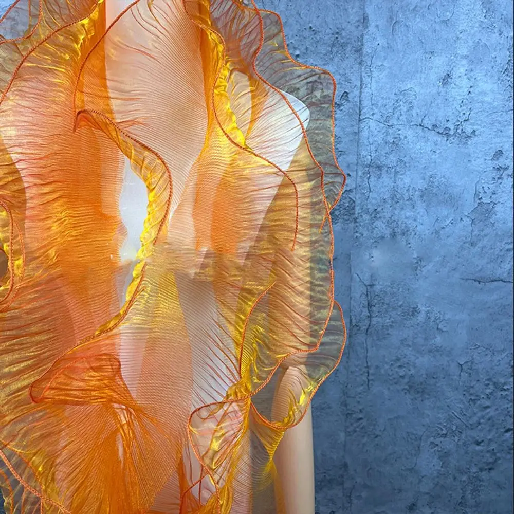 Orange Gold Metal Wave Pleated Ruffle Flower Lace Magic Color Laser Gradient for Wedding Wave Striped Decoration Cloth lace accessories,lace decoration