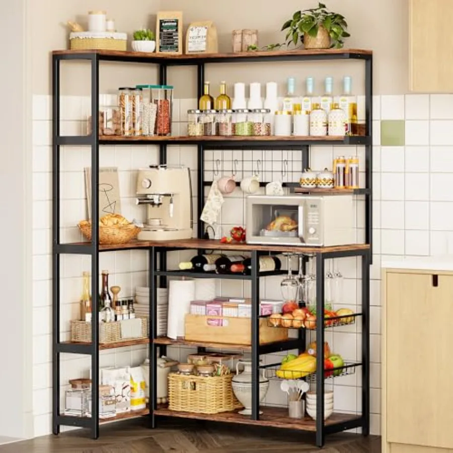 Kitchen corner bakers rack with power outlet, 6-tier industrial coffee bar in rustic brown metal, includes wine rack, hooks, wi 1
