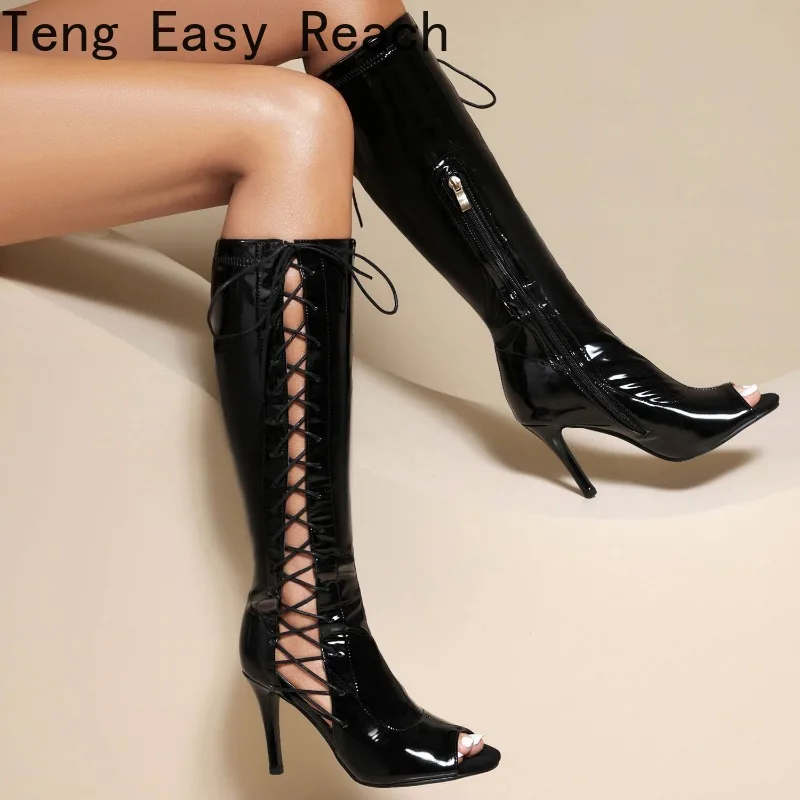 Sexy Black Women's Knee-high Lace-up Lacquered Leather Boots Thin Heels Stylish Summer Plus Size Women's Shoes Zapatillas Mujer