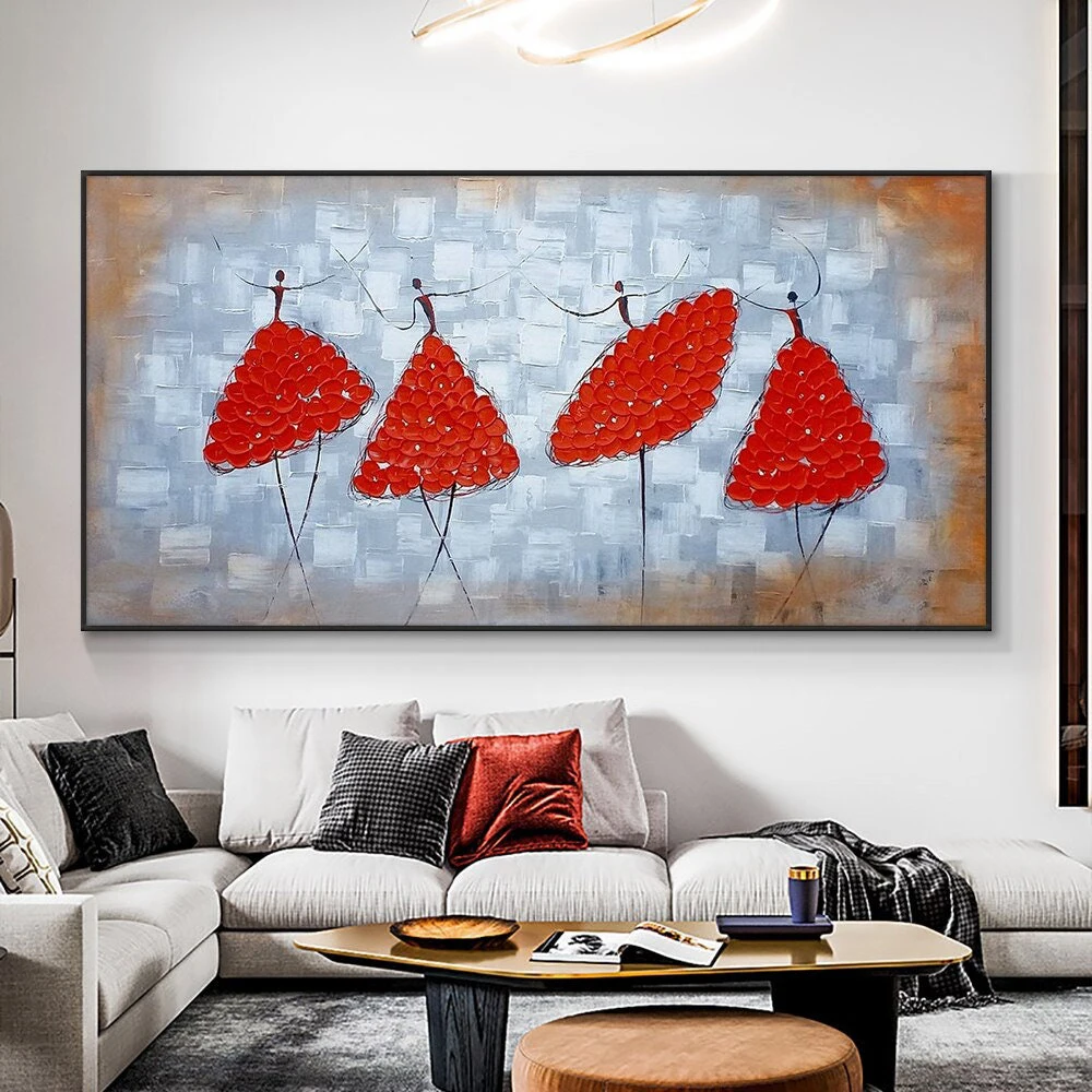 

Hand Painted Oil Painting Abstract Dancers with Red Dress Painting Thick Textured Oil Painting Canvas Abstract Painting Living