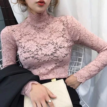Women Stretch Turtleneck Petal Sleeve Shirt Women Blue Green White Black Flowers Lace T Shirt Ladies S-2XL Tops Fashion Ladies 1