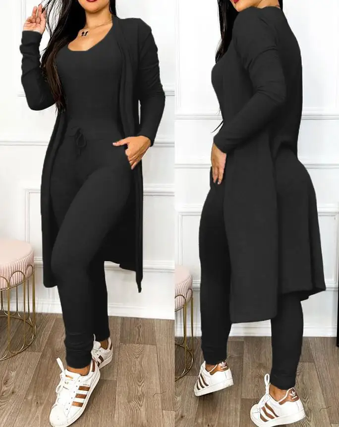 Women Elegant Jumpsuit Suit Set Drawstring Pocket Design High Waist Skinny Jumpsuit and Long Sleeve Cardigan Longline Coat Set