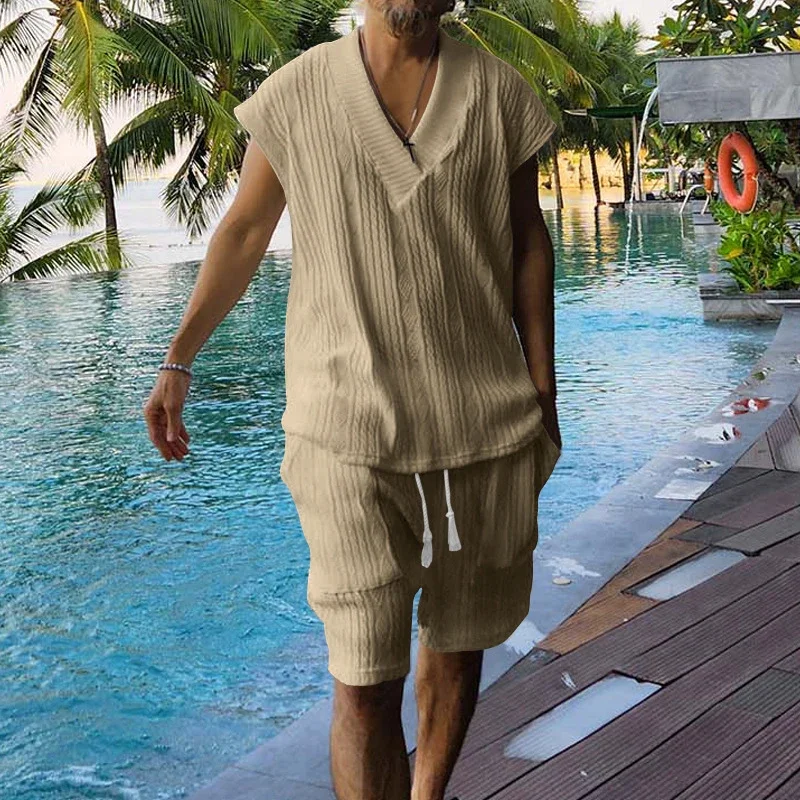 

Vintage Jacquard Knitting Mens Two Piece Sets Casual Solid Color V Neck Sleeveless Tank Tops And Shorts Suits Men Summer Outfits