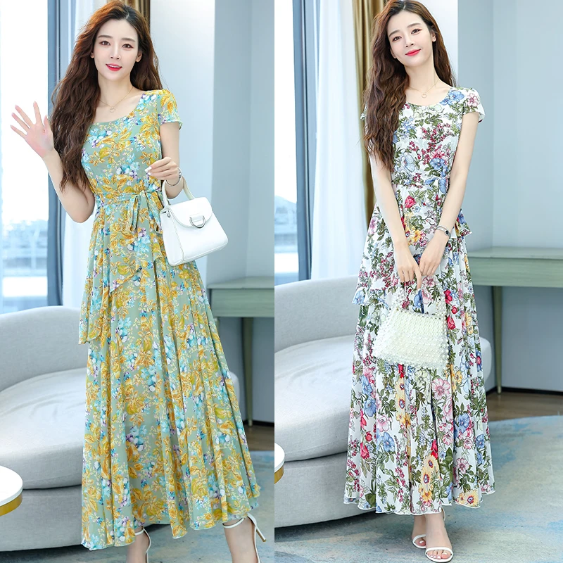 

Summer Plus Size New French Floral Dress In Collect Waist Fat Lady Cultivate One's Morality Show Thin Long Dress