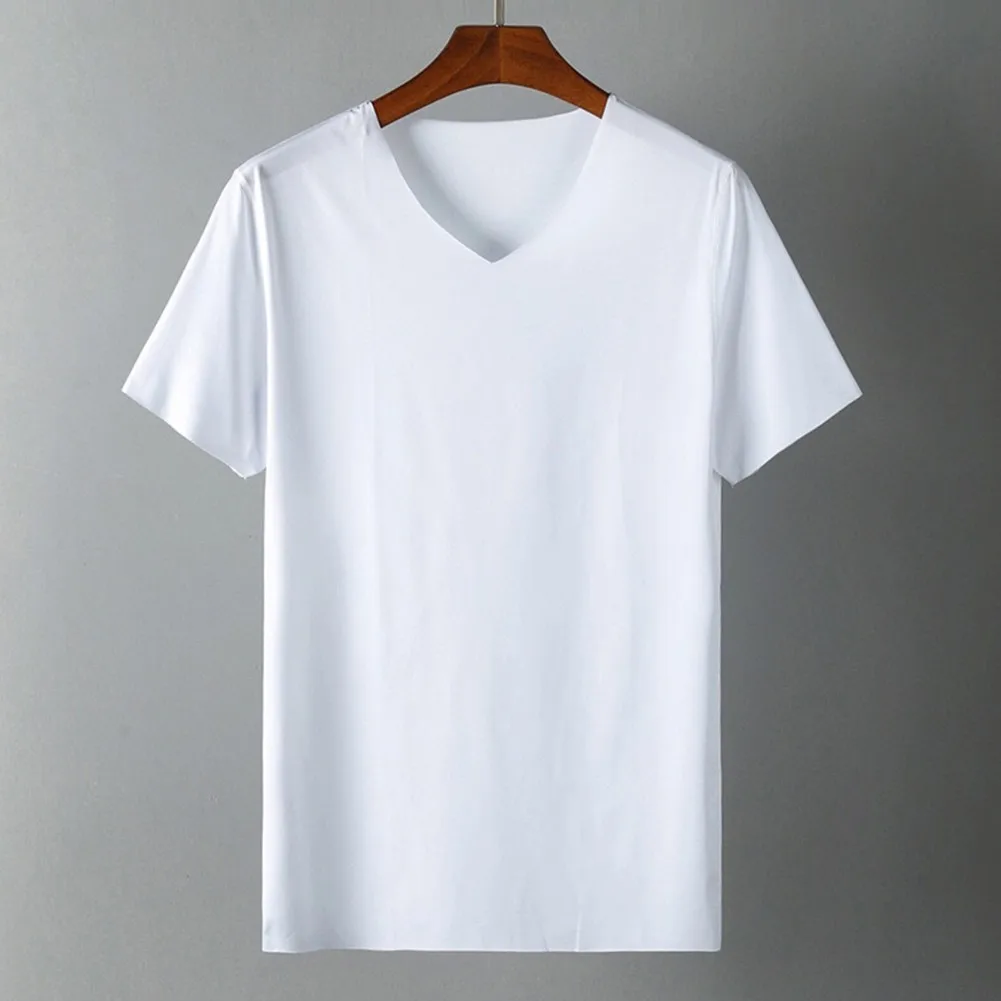

Short Sleeve T-shirt For Men Solid Color Ice Silk Trackless T-shirts V-neck Slim Fit Casual Sports Man Tess Tops