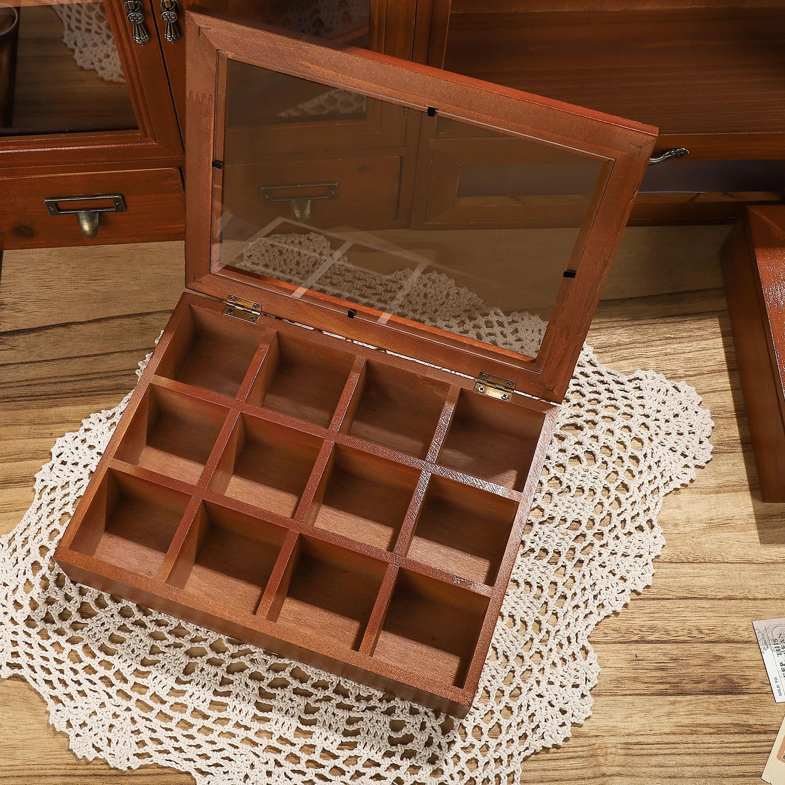 9/12 Grid Vintage Solid Wood Jewelry Storage Box Creative DIY Journal Material Storage Student Supplies Stationery