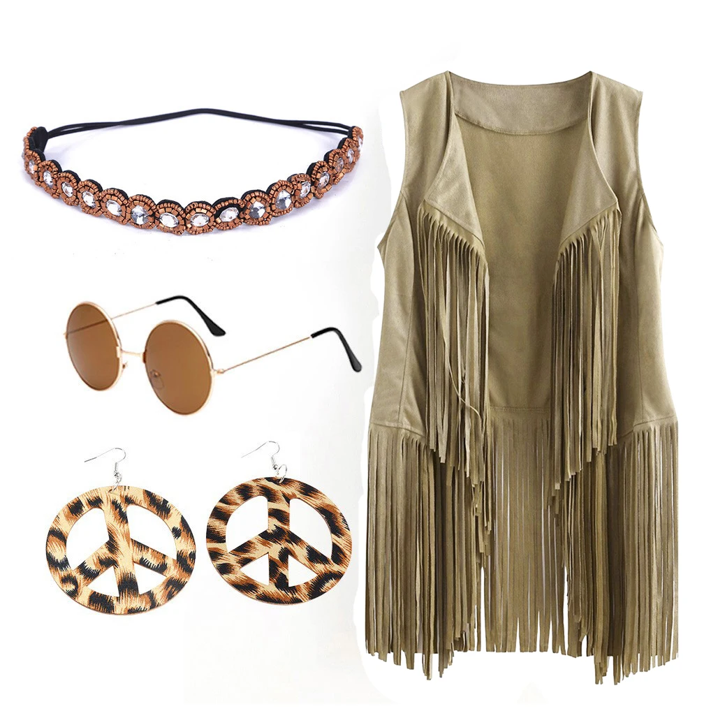 thumbnail image 1 of Conjunto de 5 piezas de los años 60 y 70 para mujer, disfraz de hippie, pendiente con símbolo de la paz, diadema, chaleco con flecos, cárdigan con borlas, 1 of 5