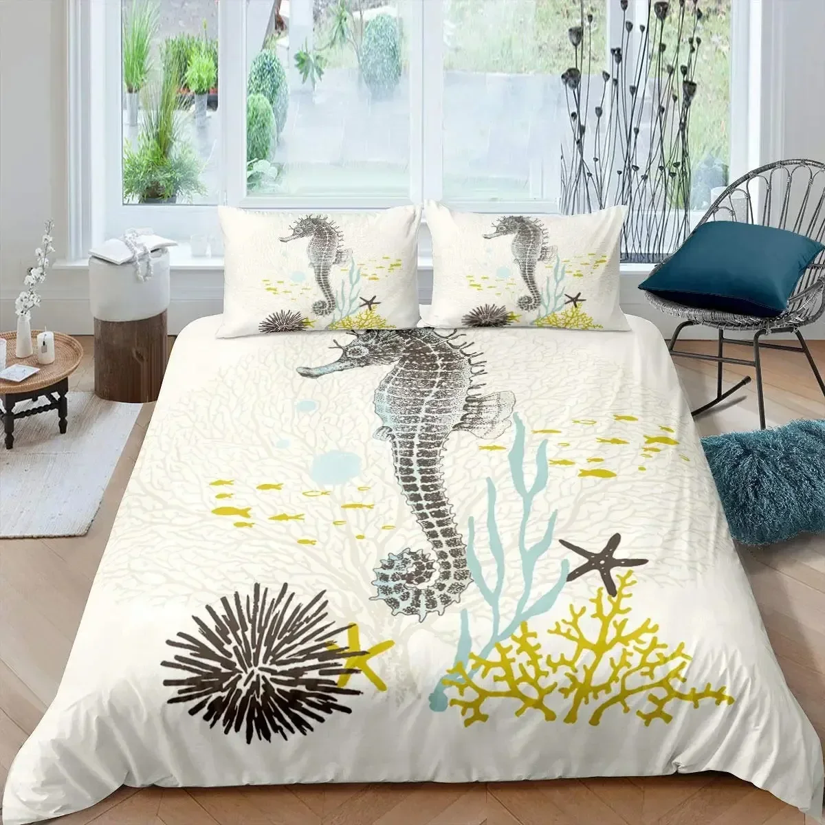 Sea Horse Bedding Set Ocean Duvet Cover King Queen Size Orange Coral Marine Life Home Textile Sea Urchin Soft Quilt Cover 6