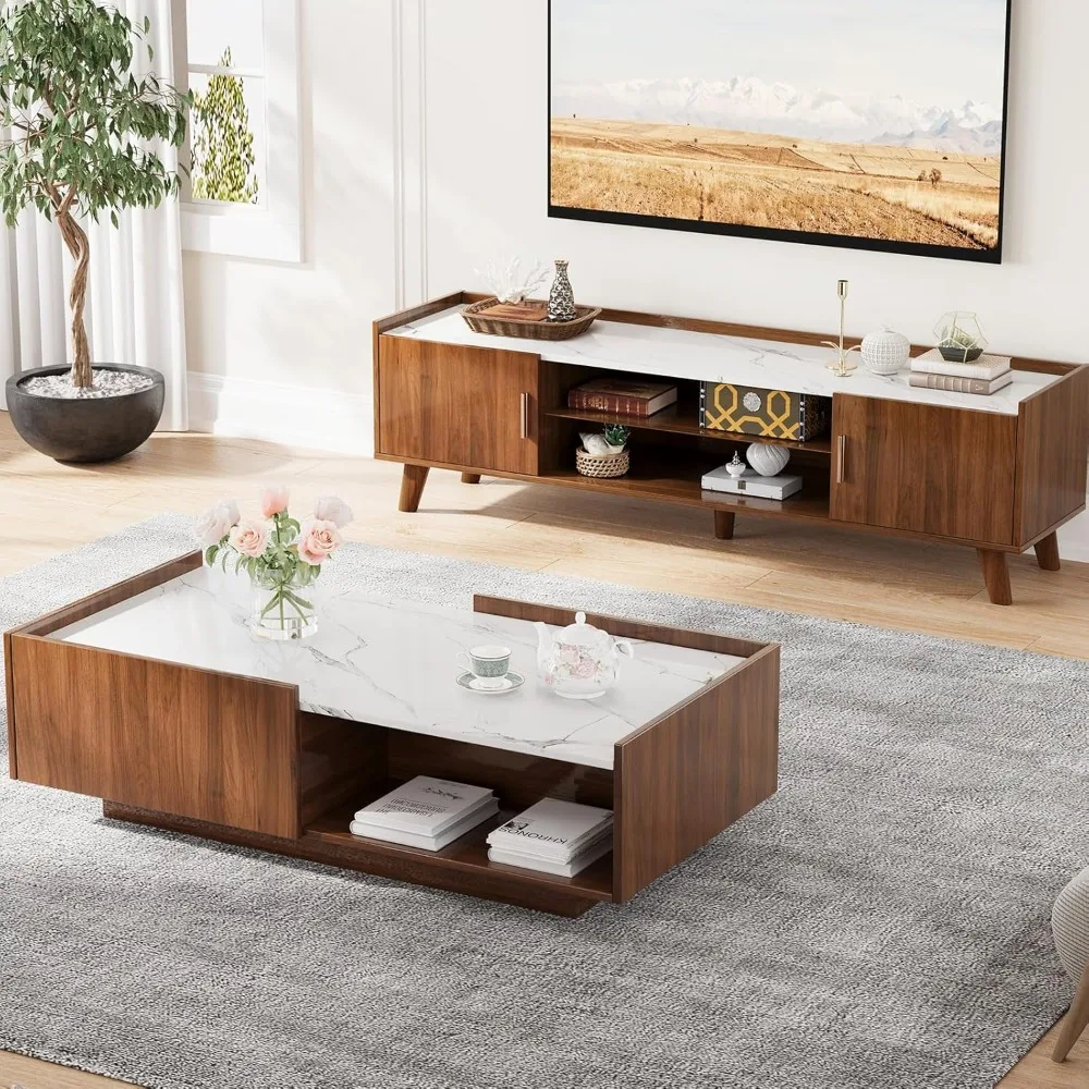 Mid Century TV Stand and Coffee Table Set of 2 65" Modern High Gloss Entertainment Center LED 47.2" Center Table drawers