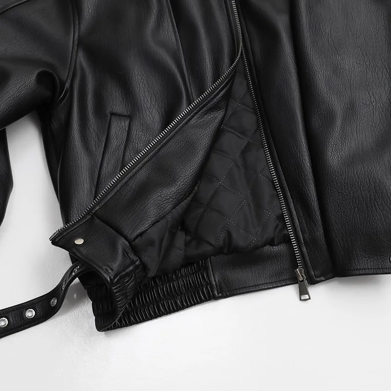 CHIC VEN Women PU Jacket New Loose Retro Motorcycle Faux Leather Quilted Coat Female Overcoat Thick Warm 2025 Spring Autumn Top