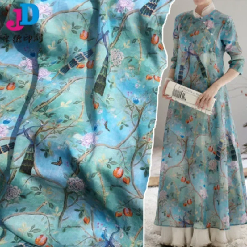Natural ramie printed linen women's dress DIY hand-stitched designer fabric long skirt dress summer by the meter