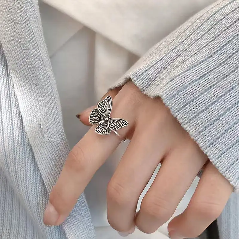 Retro Little Butterfly Ring For Women Silver Color Punk Gothic Adjustable Open Ring Cute Jewelry Accessories love Gift For Girl 3
