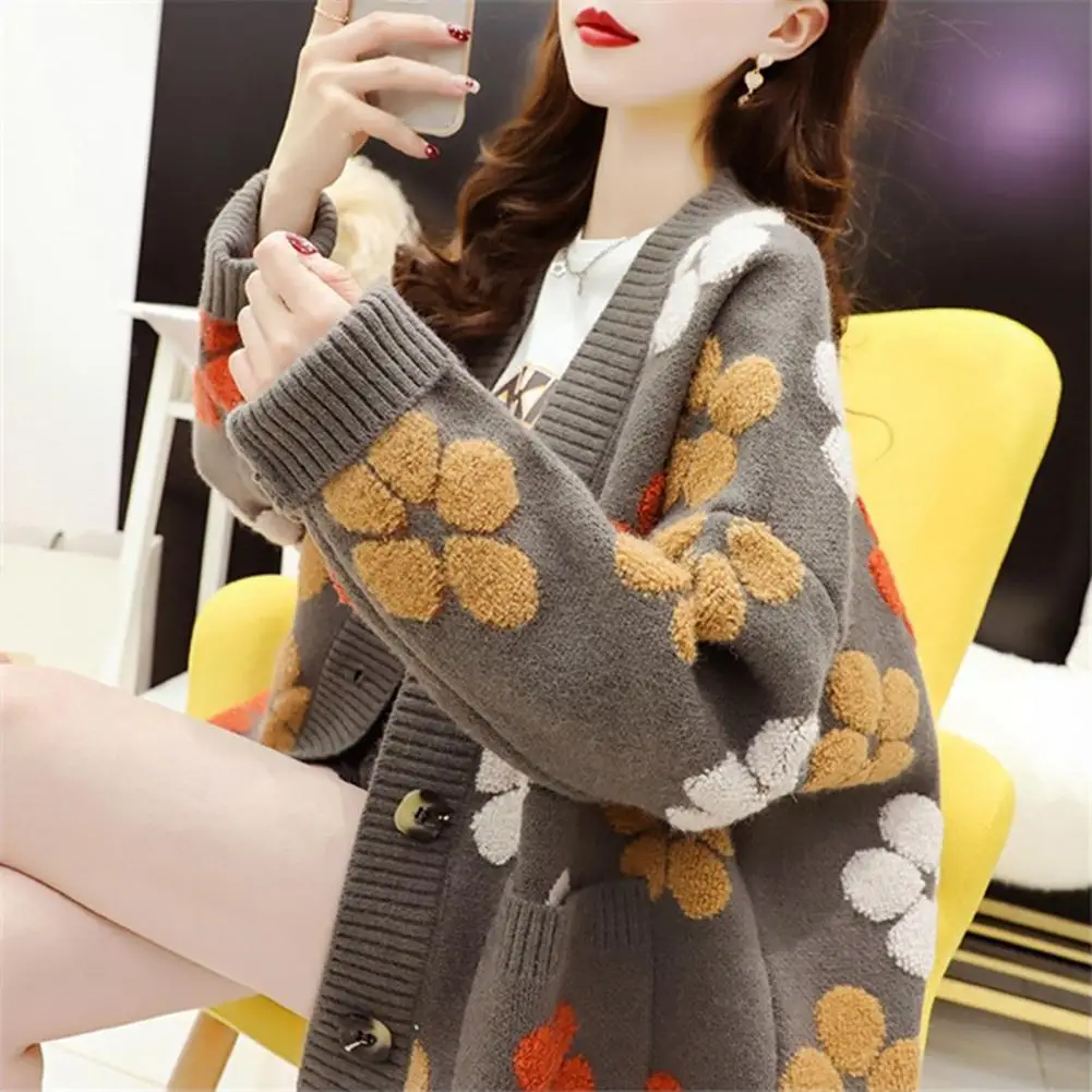 

Ribbed Trim Sweater Cardigan Stylish Women's V-neck Jacquard Sweater Coat with Floral Design Long Sleeves Ribbed Trim for Autumn