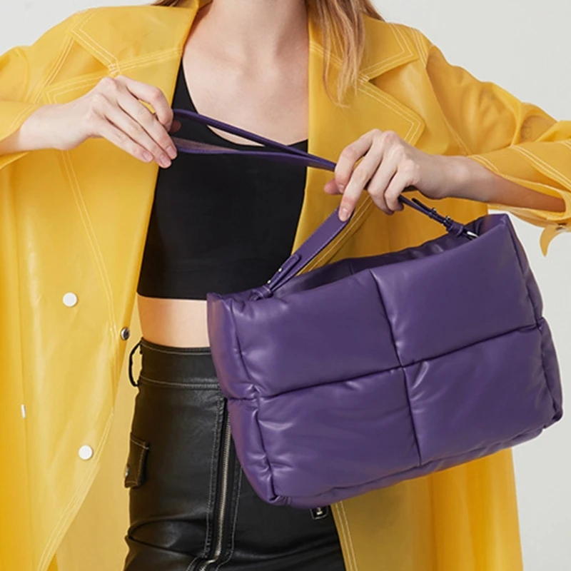 Solid Color Casual Top Handle Bag Quilted Shoulder Handbag for Women and Girls E74B