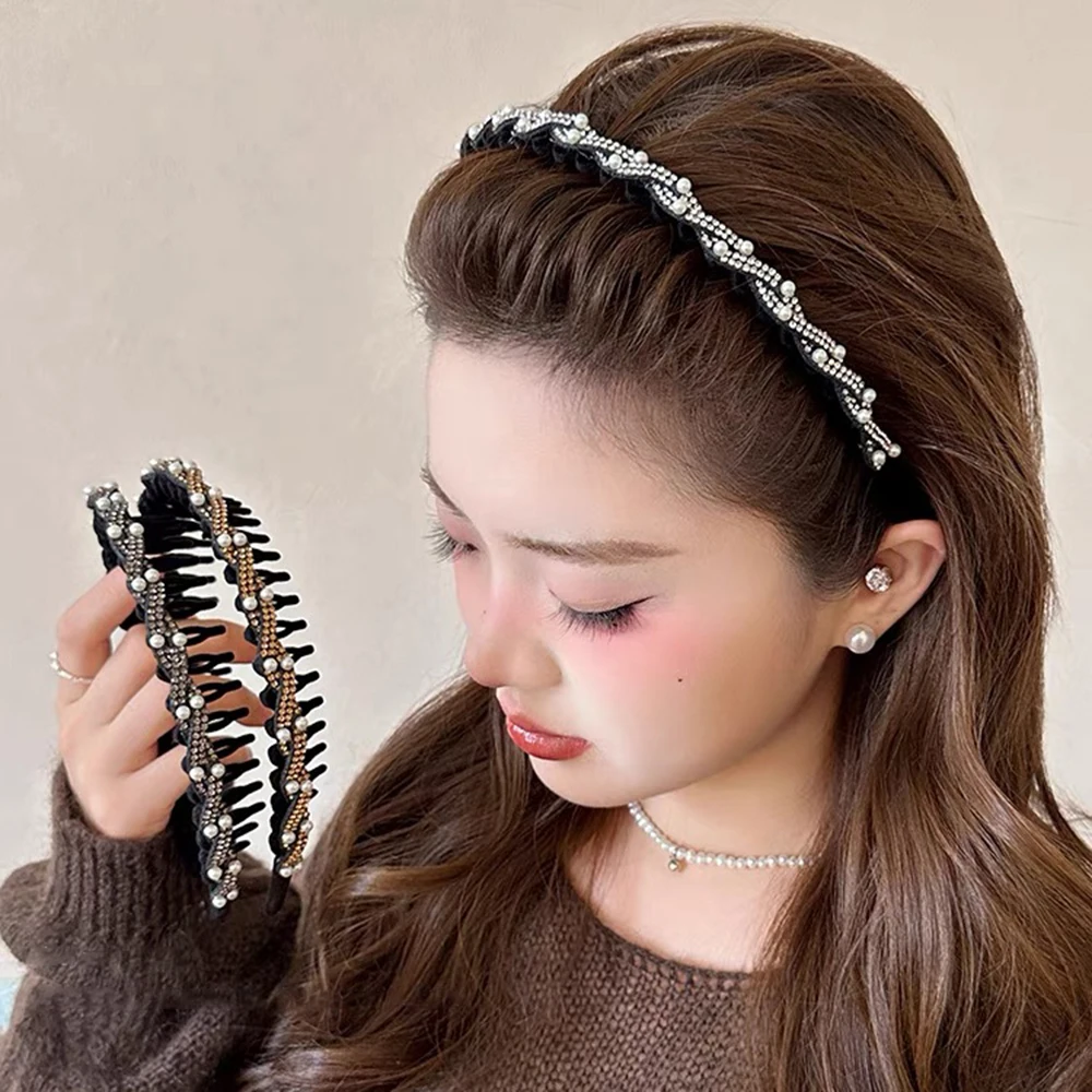 Flocked Rhinestone Pearl Headband Hair Hoops Pressed Hair Headwear Bundled Hair Bangs Broken Hair Toothed Anti-Slip Headband