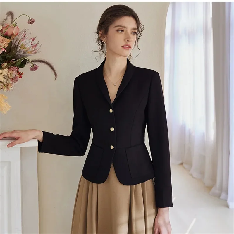 

OL Suit Jacket Female 2023 Spring New Temperament Professional Black Slim Suit Coat Women Joker Short Leisure Long Sleeve Blazer