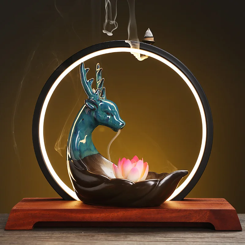 

Backflow Incense Holder With LED Light Ring, Chinese Style Handmade Lucky Deer Censer Incense Burner Home Decor Aromatherapy Set