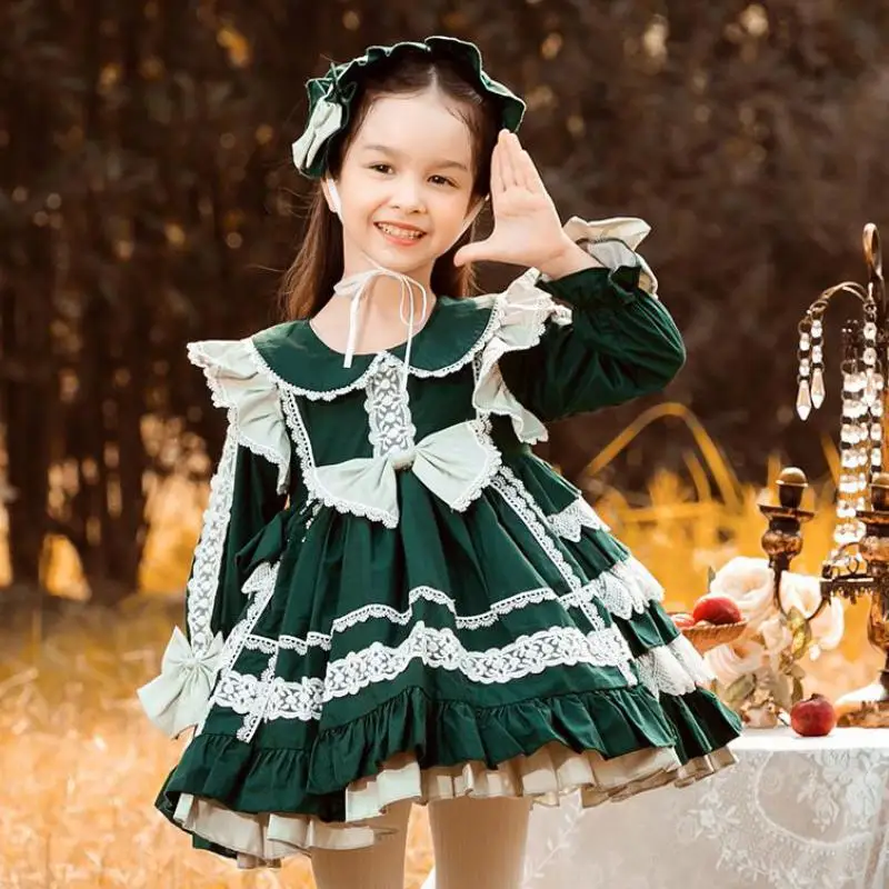 

2022 Spring Lolita Dresses For Girls Long Sleeve Loose Ruffle Hem Ball Gowns With Bow Children Kids Party Dresses Clothing