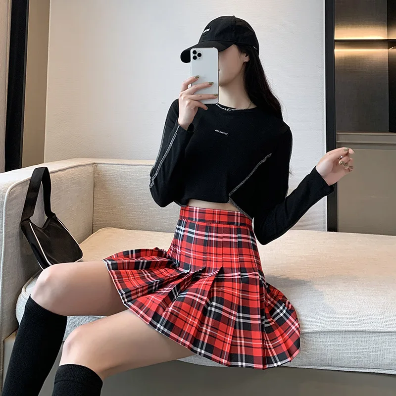 short skirt FESTY KARY 2022 Summer Women Skirts Preppy Korean Style Plaid Pleated Skirt for Girls High Waist Cute Kawaii Mini Skirts Women black leather skirt