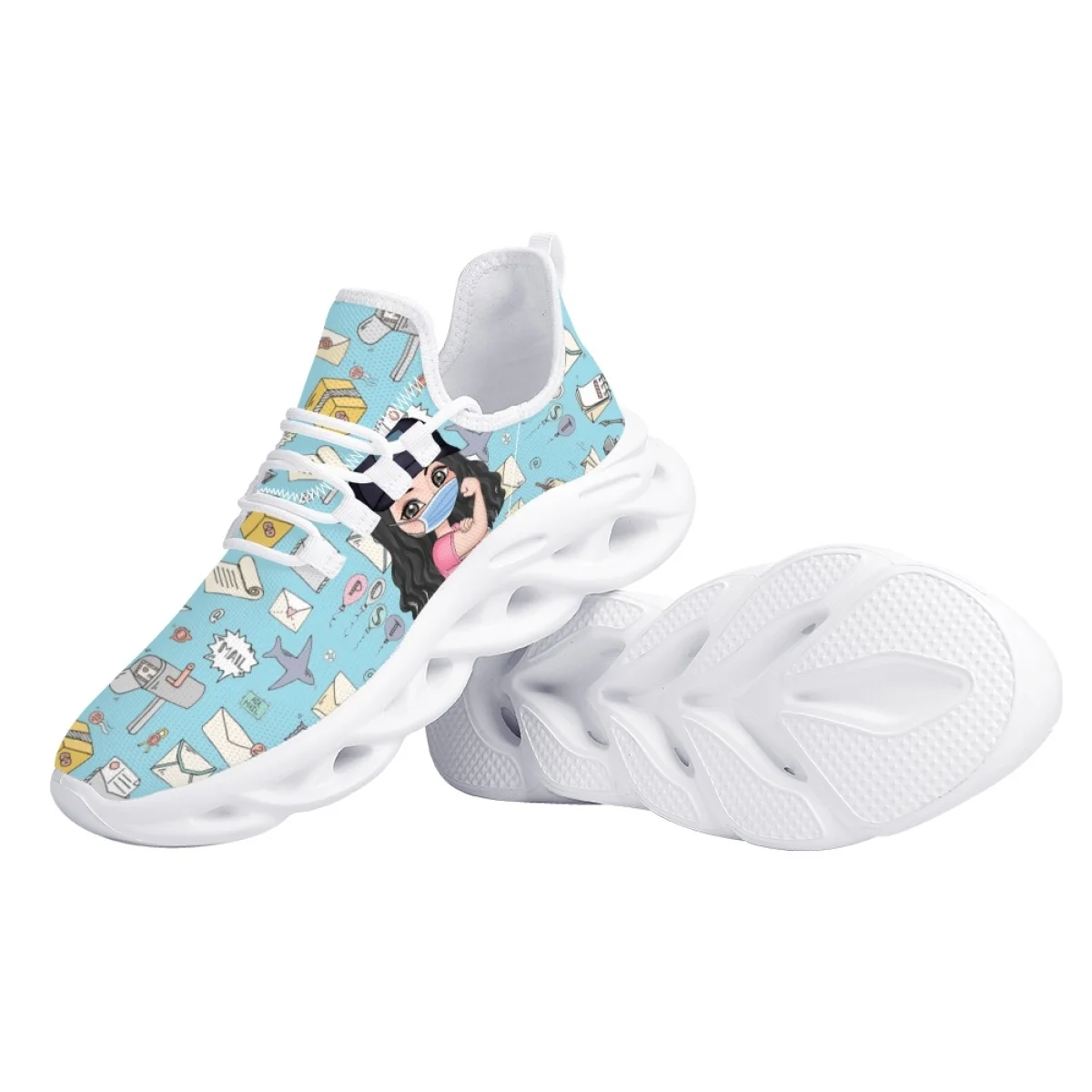 INSTANTARTS Cartoon Strong Girls Pattern Mesh Sneakers for Women Lightweight Lace-up Flat Shoes Wear Resistant Cushion Footwear