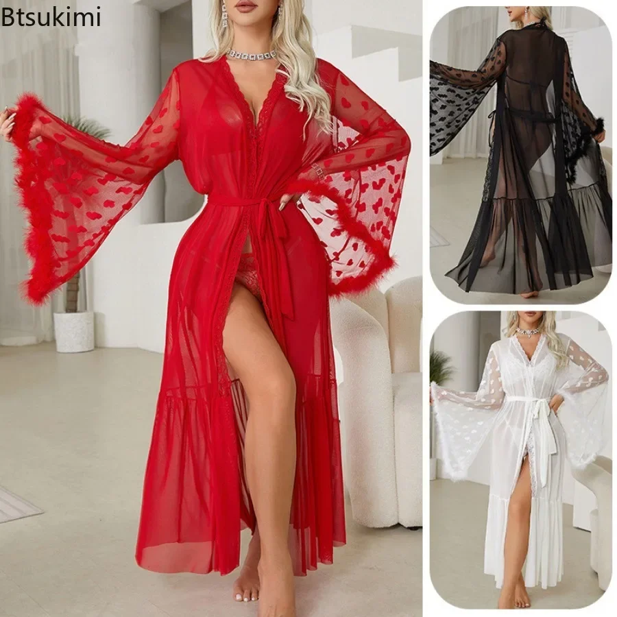 Women's Sexy Mesh Nightgowns Lace Sheer Bathrobes with Belt Long Kimono Nightwear Feather Trim Flare Sleeve Lingerie Robe Femme