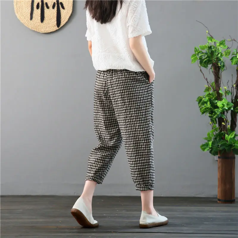 trousers for women Women Spring Summer Fashion Japan Style Elastic Waist Cotton Linen Plaided Ankle Length Harem Pants Office Lady Trousers RV429 slacks