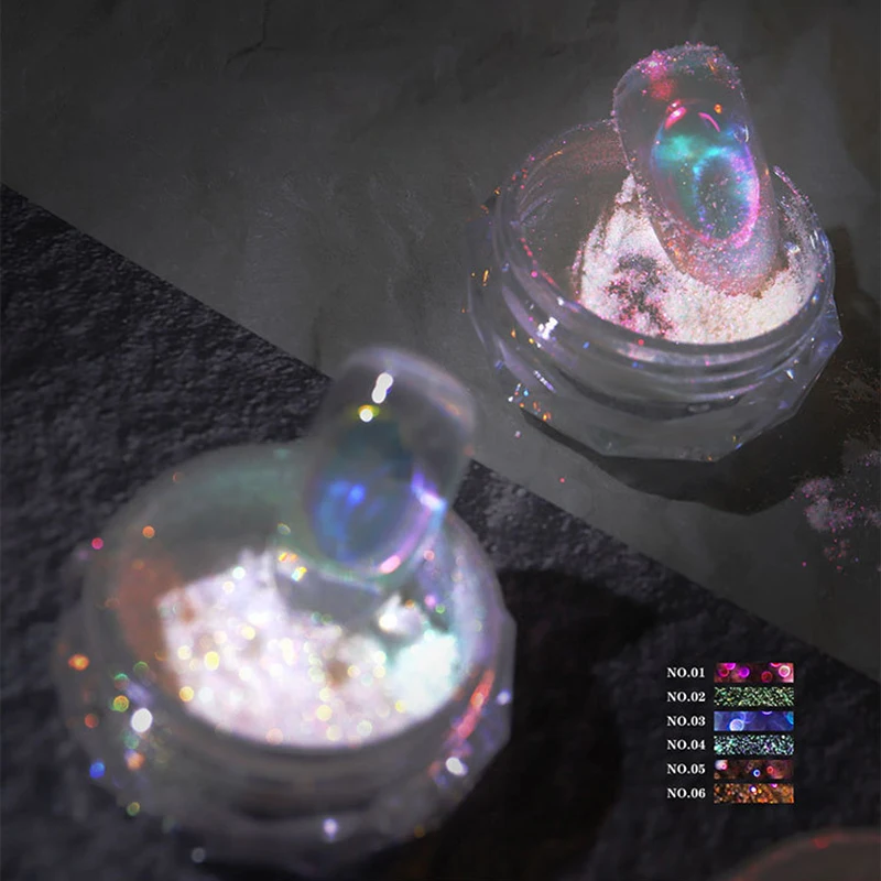 Aurora Ice Transparent Laser Magic Rainbow Mirror Nail Glitter Gel Pigment Powder Chrome Charm Nail Art Decoration Tools