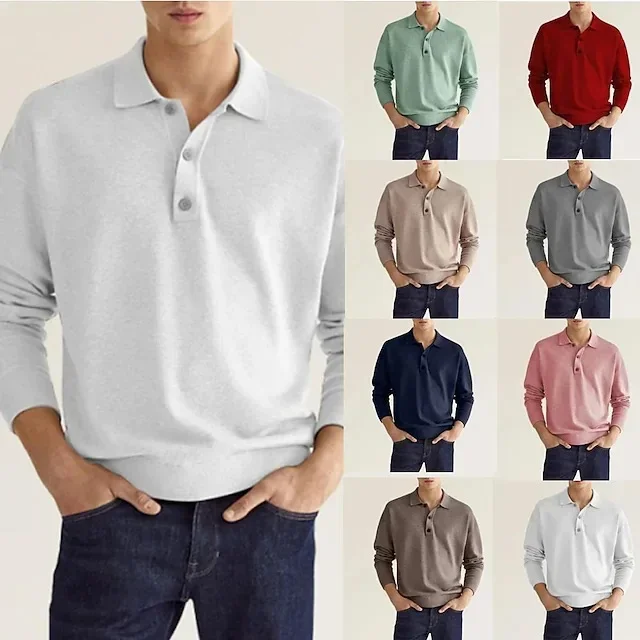 2023 Spring and Autumn Long Sleeved V-neck Button Men's Fashion Casual Top Polo Shirt
