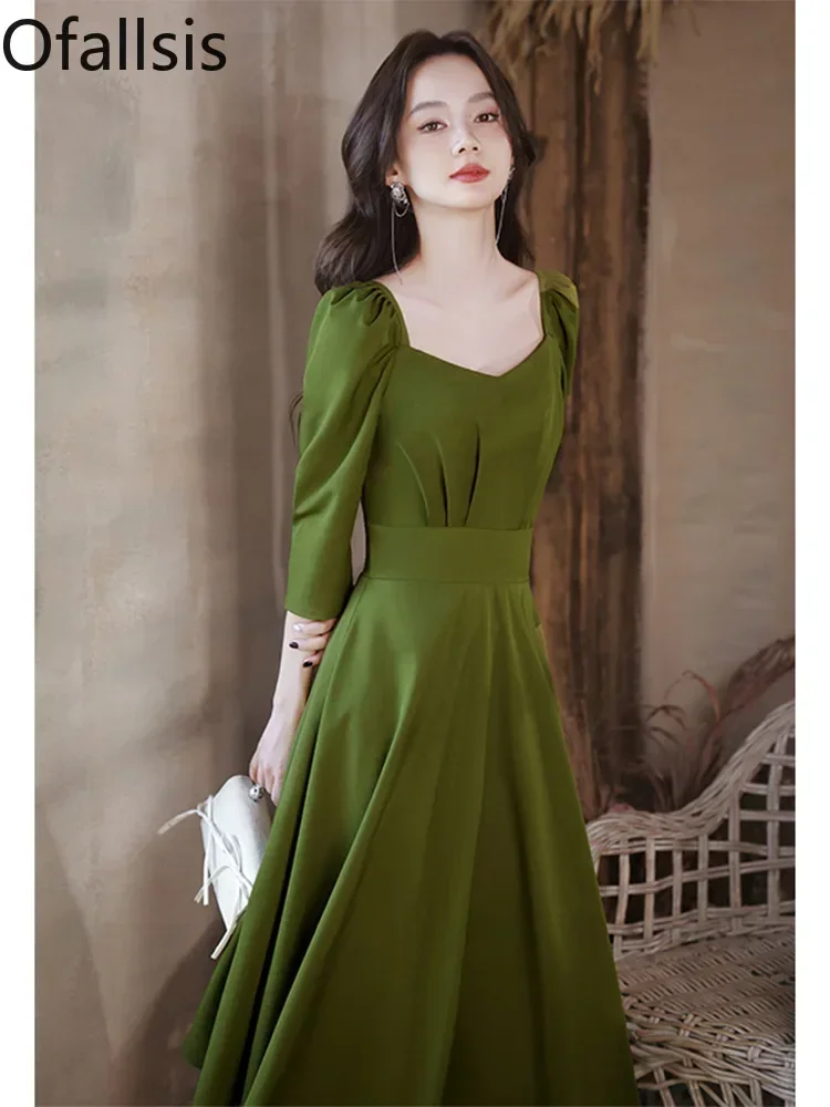 

Ofallsis Green Square Neck Half Sleeve Evening Dress 2023 Summer New Banquet Style French Style Party Dresses Female Vestidos