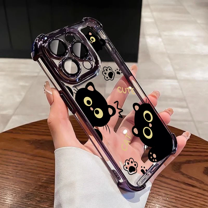 Fashion Plating Cartoon Black Cat Clear TPU Anti-Fall Phone Case