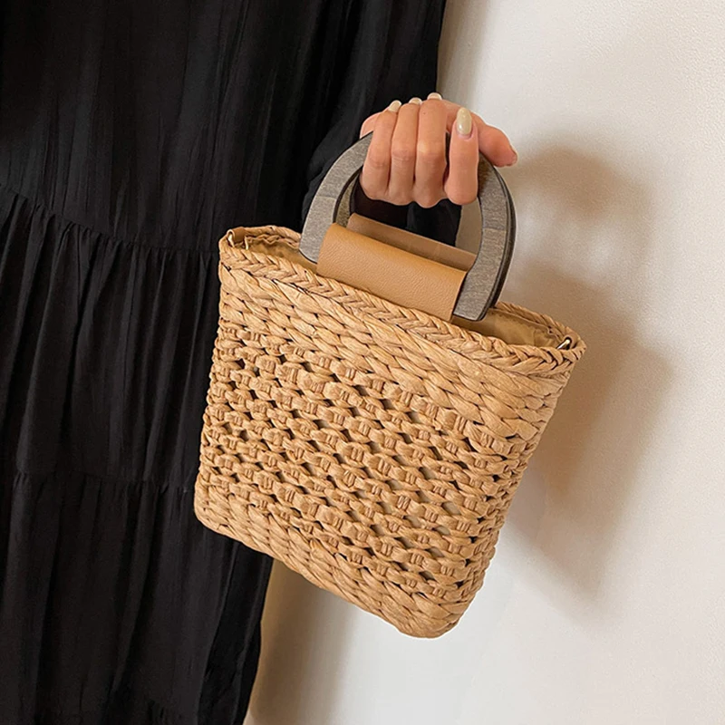 Straw Bags Summer Women Tote Bags Designer Handbags Purse Weave Drawstring Closure Wooden Handle Beach Shoulder Bag