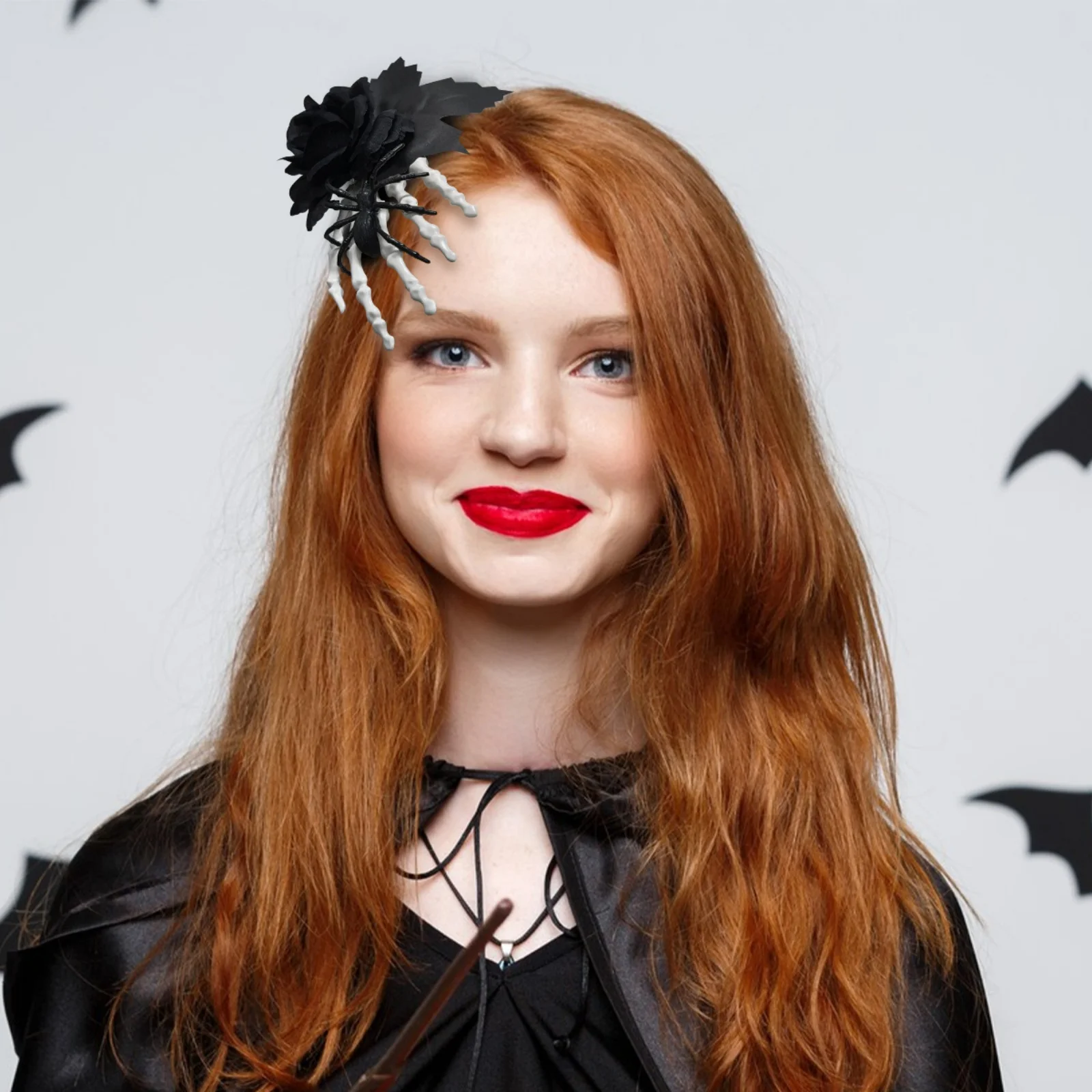 1PC  Halloween Spider Skeleton Hand Hair Clip with Black Rose, Gothic Spooky Hair Accessory for Women & Girls