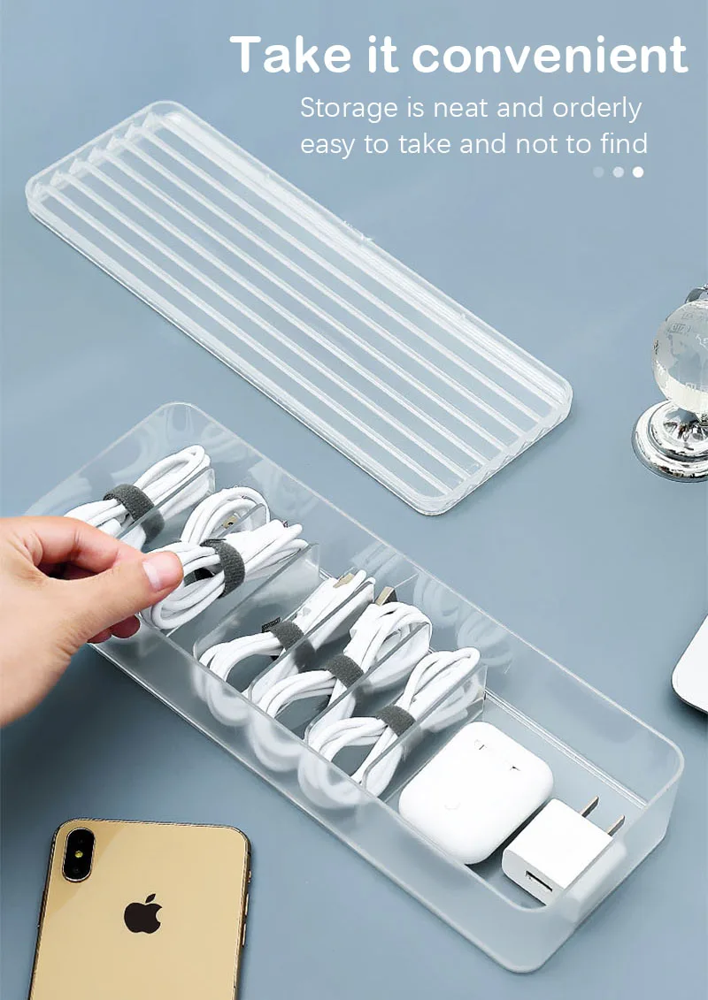 Transparent Desktop Data Cable Storage Box Mobile Phone Charger Power Cord Organize Case Partitioned Box With Cover