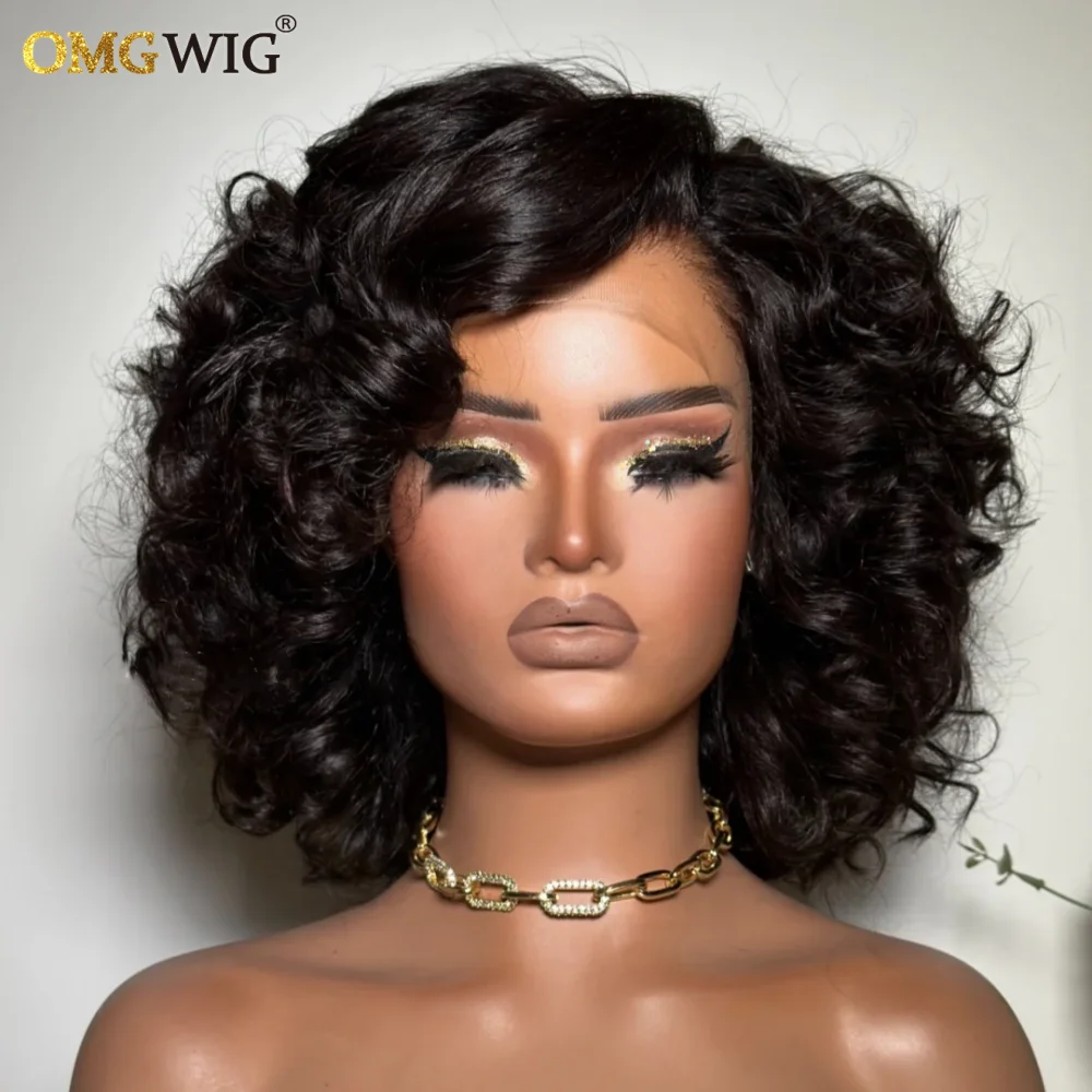 360 Lace Wear & Go Fluffy Rose Curly Wig For Black Women 5x7 Glueless Lace Side Part Short Bob Curly Human Hair Wig Brazilian