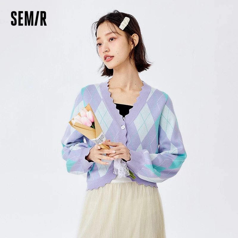 Semir Women Knitwear Short Lingge Retro 2023 Spring New Lace V-Neck Contrast Cardigan Girls' College Style