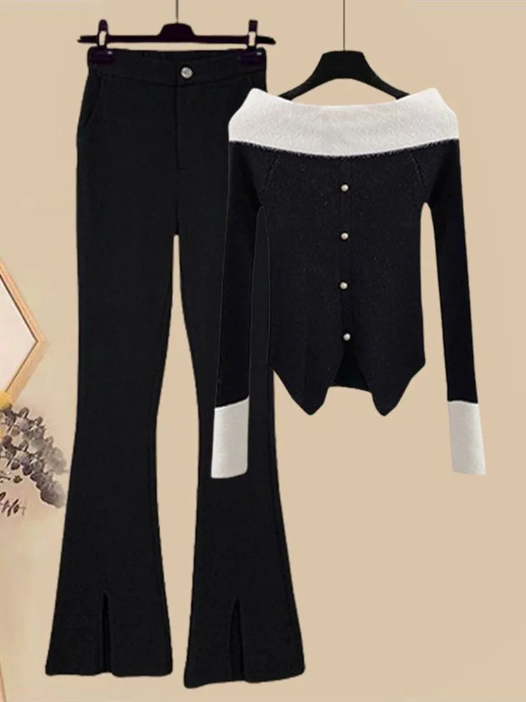2023 Winter New One Line Neck Long Sleeve Knitted Sweater Casual Wide Leg Pants Two Piece Elegant Women's Pants Set Outfits