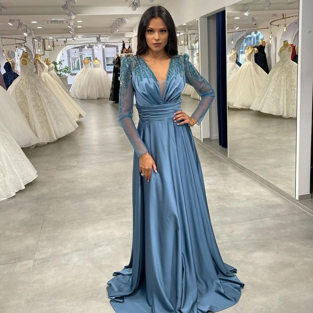 

2023 Sexy Blue Stain Prom Evening Dresses V-Neck Long Sleeves Party Gowns Beadings Floor Length Saudi Dubai Arab Porm Dresses