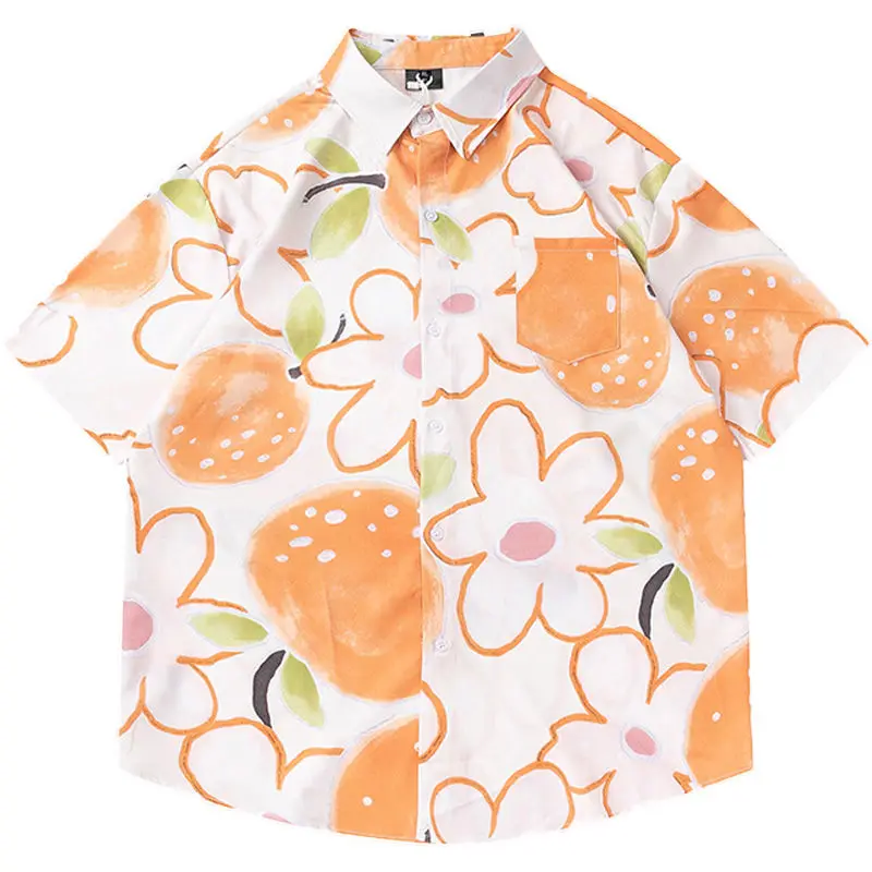 

Orange Flower Full Print Short Sleeve beach Floral Shirt Women Hawaiian American Retro Sunscreen 2022 Summer Couple Shirt Jacket