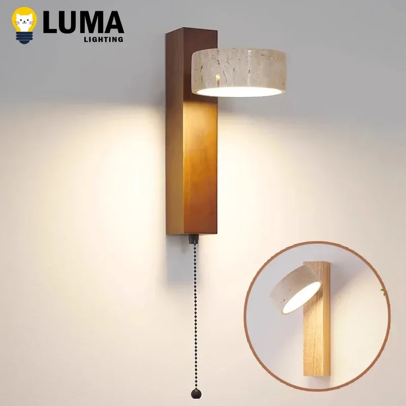 Luma Japanese Wabi Sabi Yellow Travertine Wall Lamp With Pull Chain Switch Rotable LED Wood Stone Lights for Bedside Apartment led light led wall lamp wall light