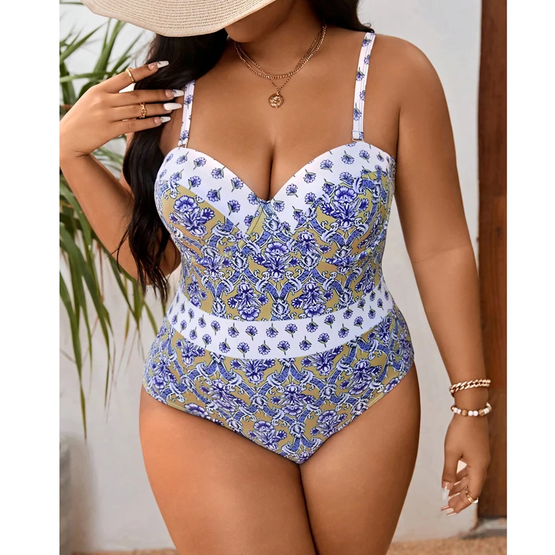 

Plus Size Printed Swimsuit Women One Piece Swimwear 2024 New Padded Beach One Piece Shorts Swimming Suit For Women Bathing Suit