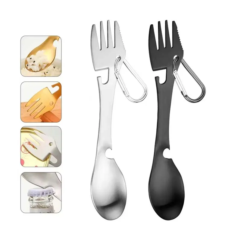 Kit Multiuso Compatto 5-in-1 per Sopravvivenza all'Aperto - Include Coltello, Forchetta, Cucchiaio, Apriscatole e Apribottiglie per Campeggio