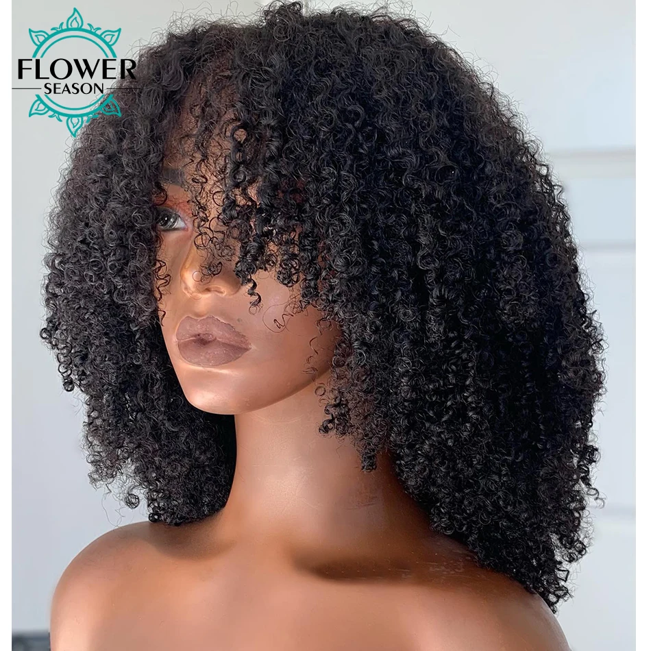 

Curly Human Hair Wigs with Bangs Afro Kinky Curly Wigs 200Density for Black Women Full Machine Made Scalp Top Curly Bangs Wig