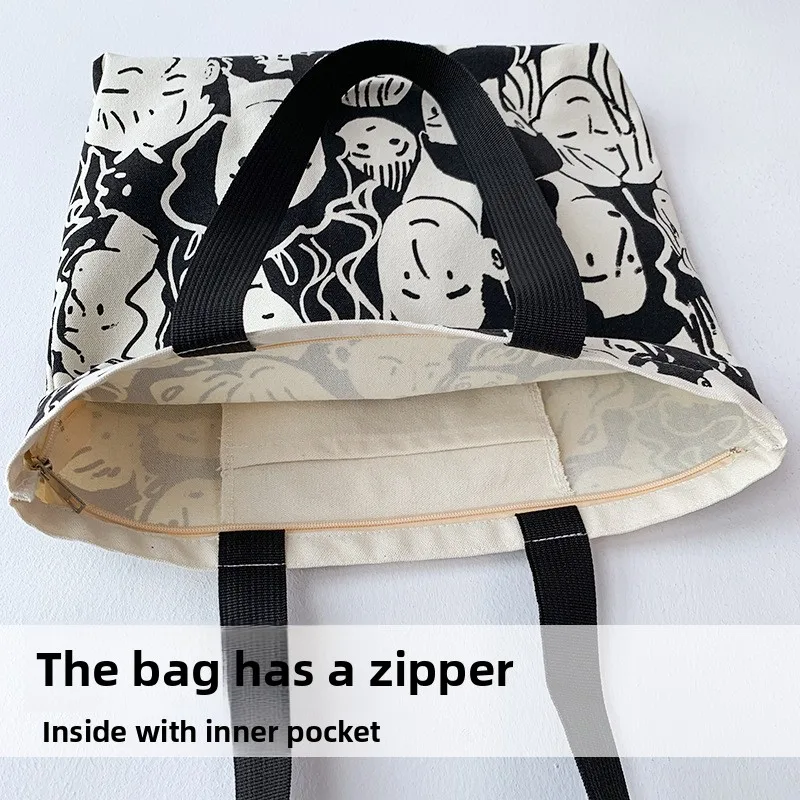 Teen Youth Pattern Canvas Bag, Large Capacity Female Single Handbag Shoulder Bag, Student Literary Artistic Simple Shopping Bag