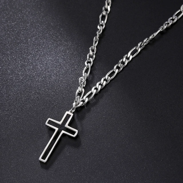Unift Hollow Cross Necklace for Men Boy Stainless Steel Figaro Chain Necklaces Hip-Hop Religious Classic Christian Male Jewelry 1